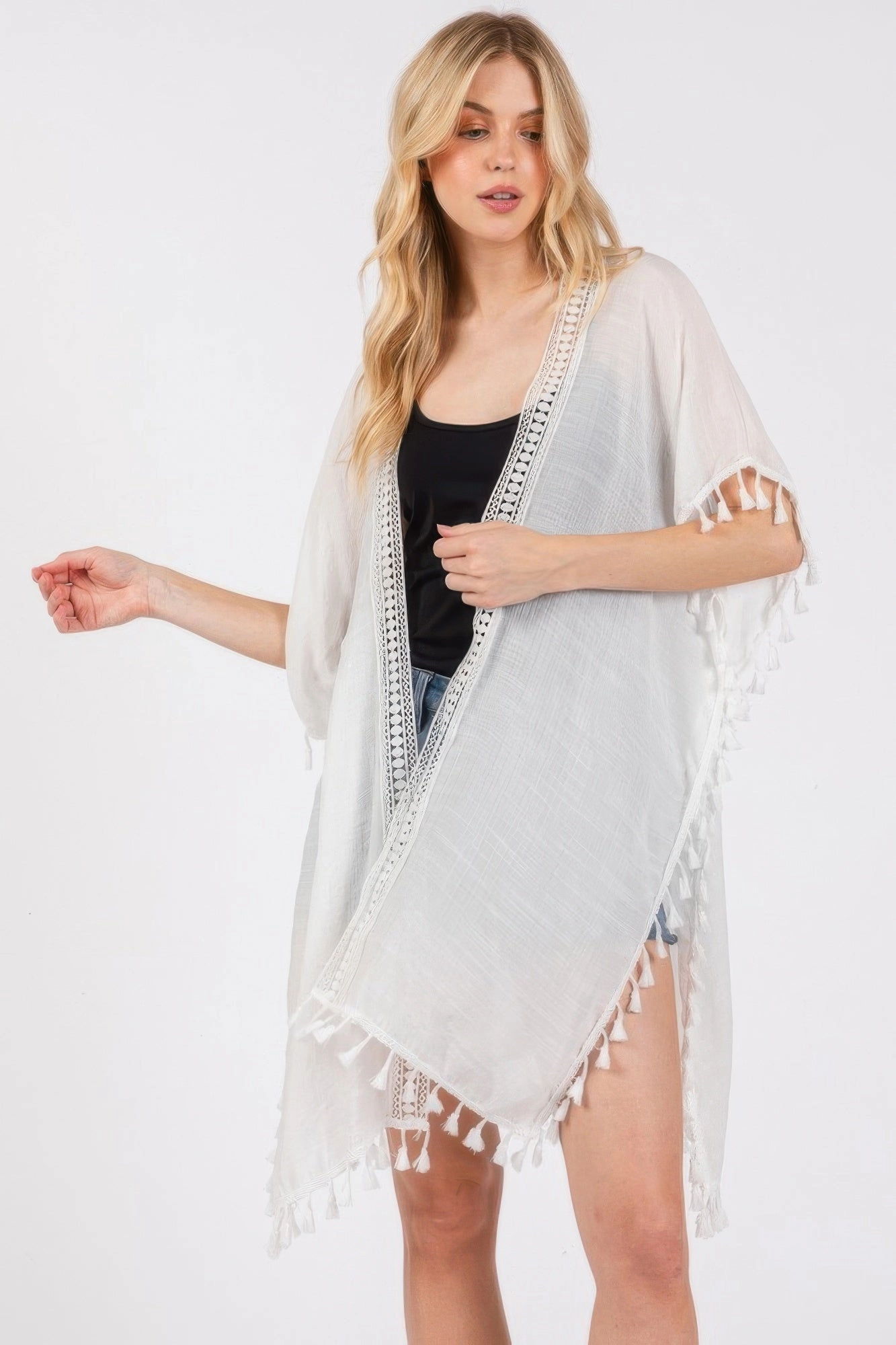 FASHNZFAB Crochet And Tassel Trim Cover Up