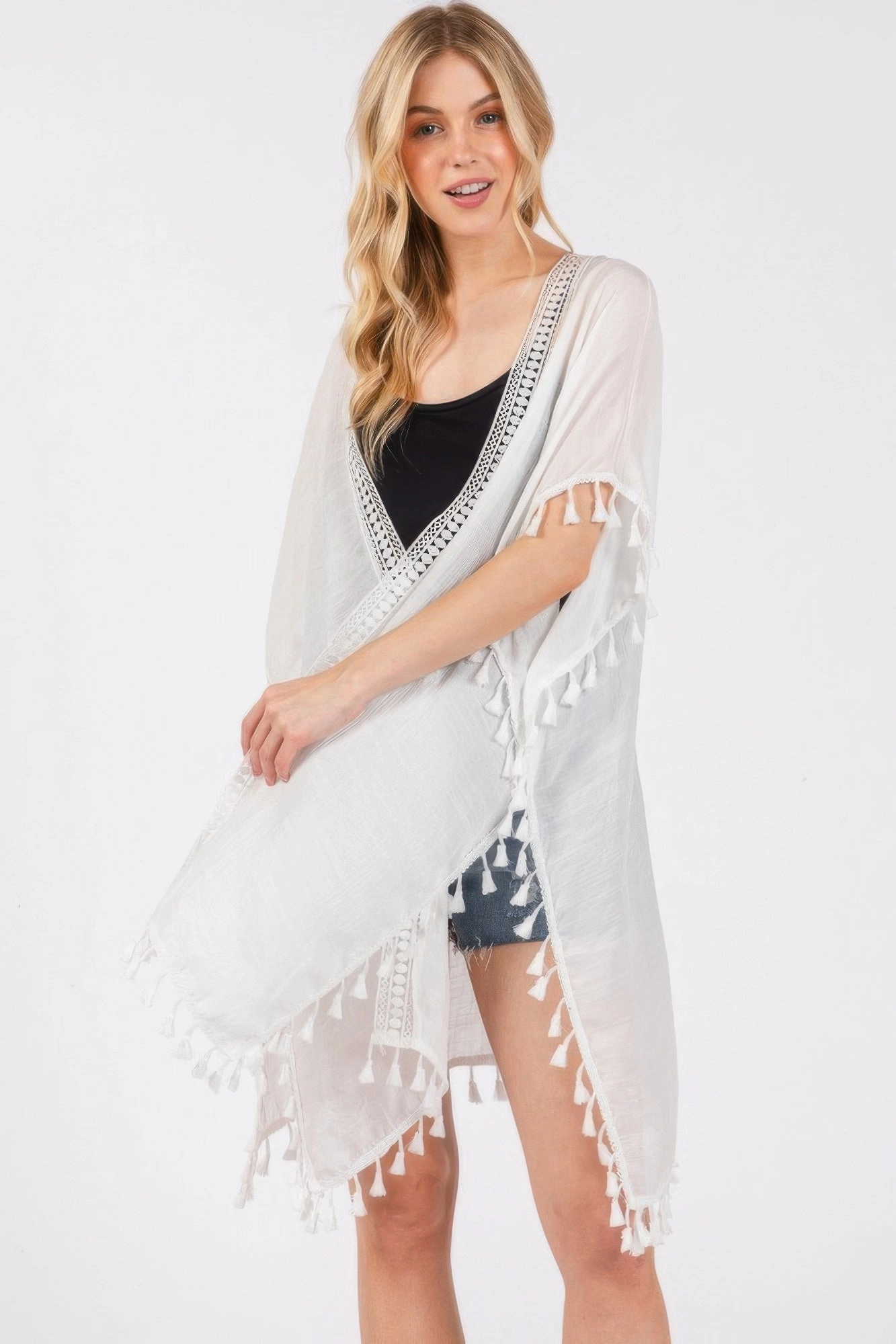 FASHNZFAB Crochet And Tassel Trim Cover Up