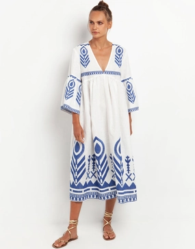 Feather Bell Sleeve Kaftan - White and Blue