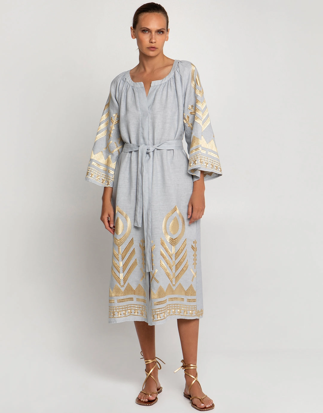 Feather Midi Kaftan - Light Grey and Gold