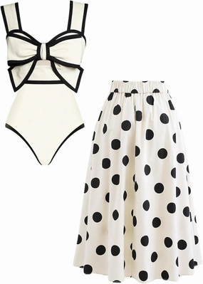 FLAXMAKER Black and White Swimsuit Bow-tie Decor Women's Polka dot Print Skirt One Piece Bathing Suit with Skirt