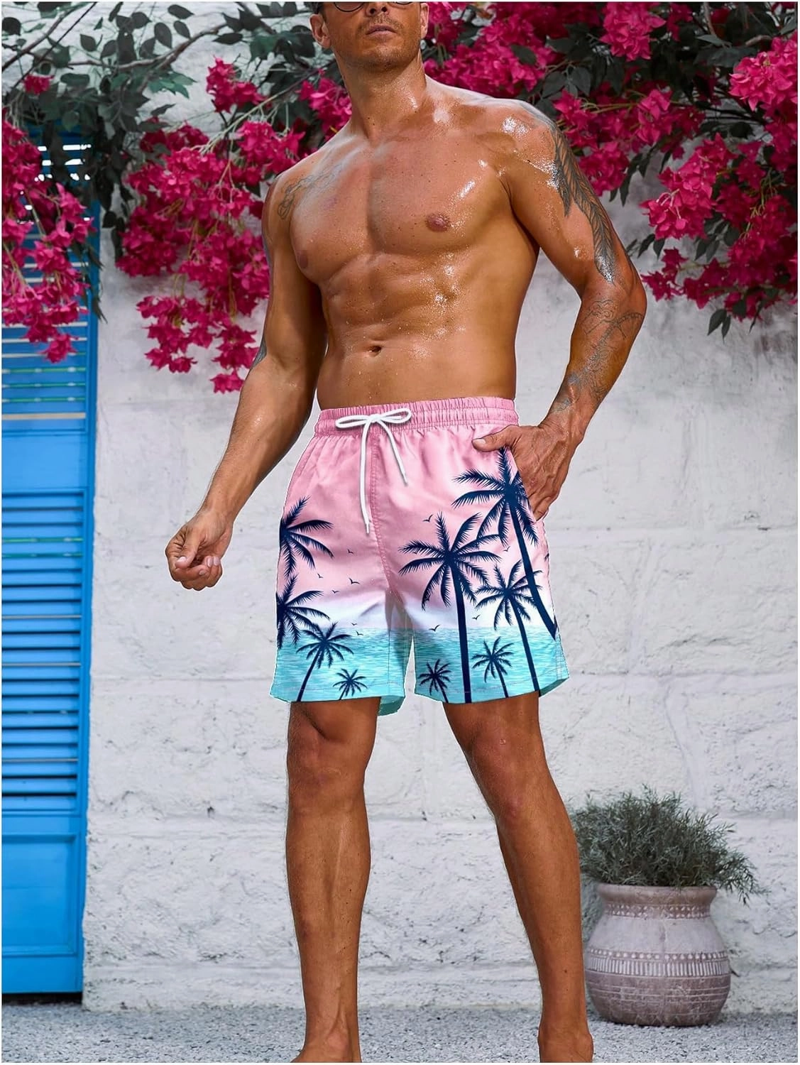 Floerns Men's Tropical Print Drawstring Swim Trunks Wide Leg Quick Dry Board Shorts with Pocket