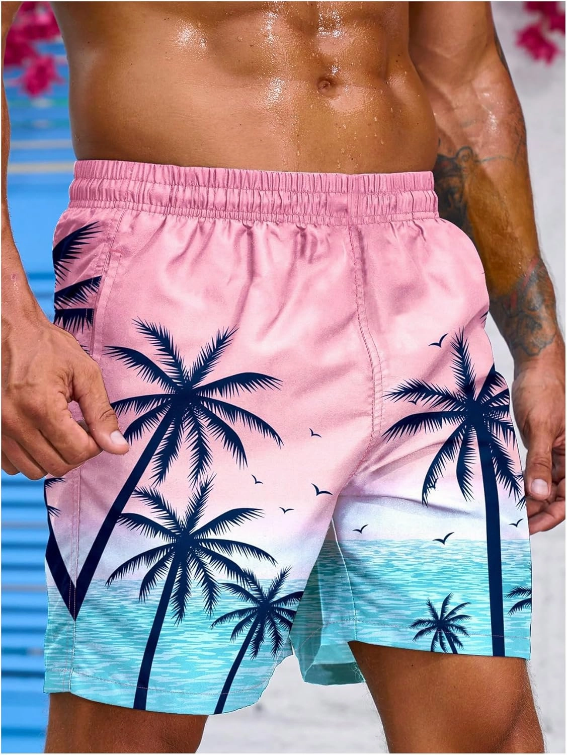 Floerns Men's Tropical Print Drawstring Swim Trunks Wide Leg Quick Dry Board Shorts with Pocket