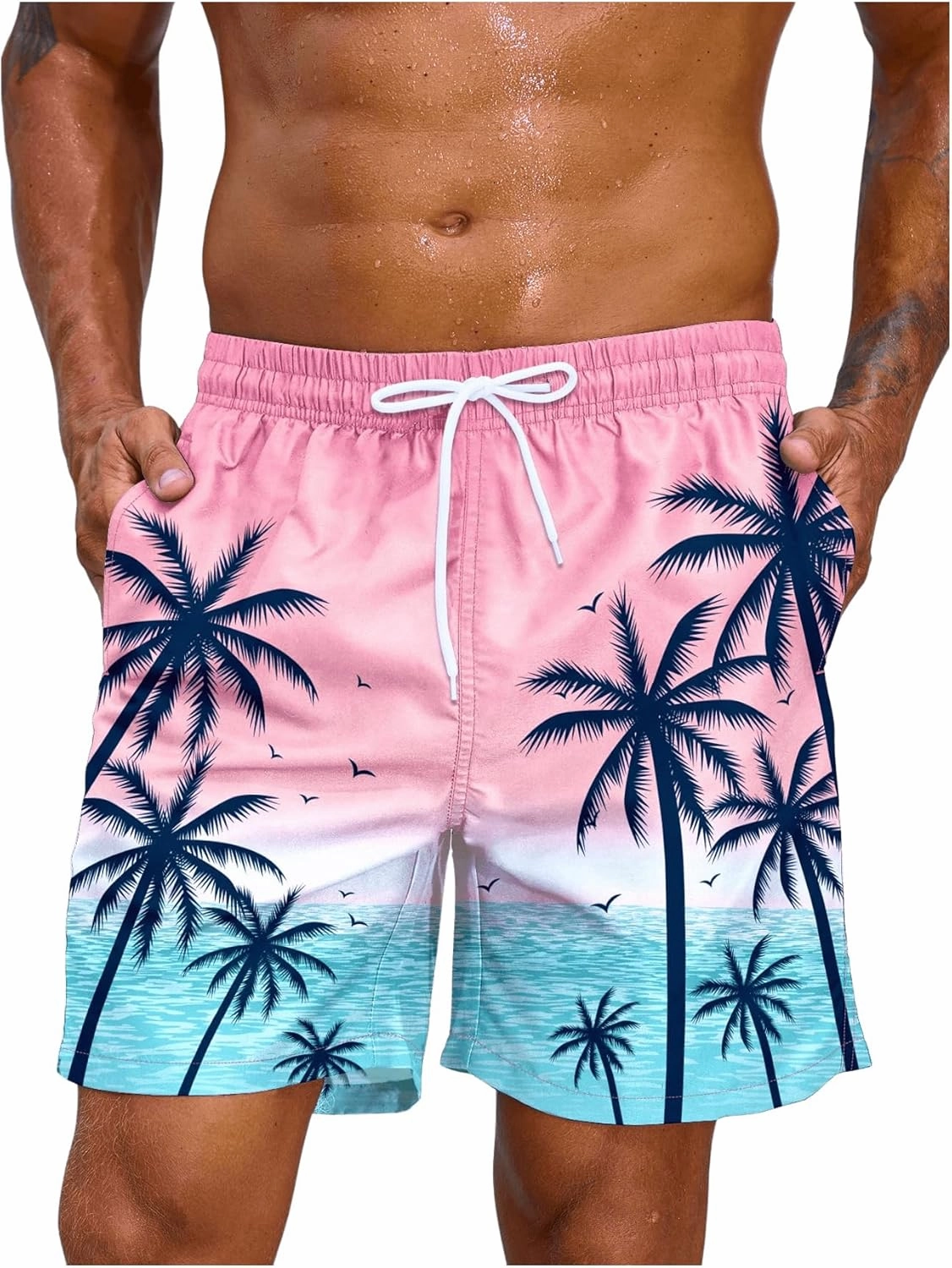 Floerns Men's Tropical Print Drawstring Swim Trunks Wide Leg Quick Dry Board Shorts with Pocket