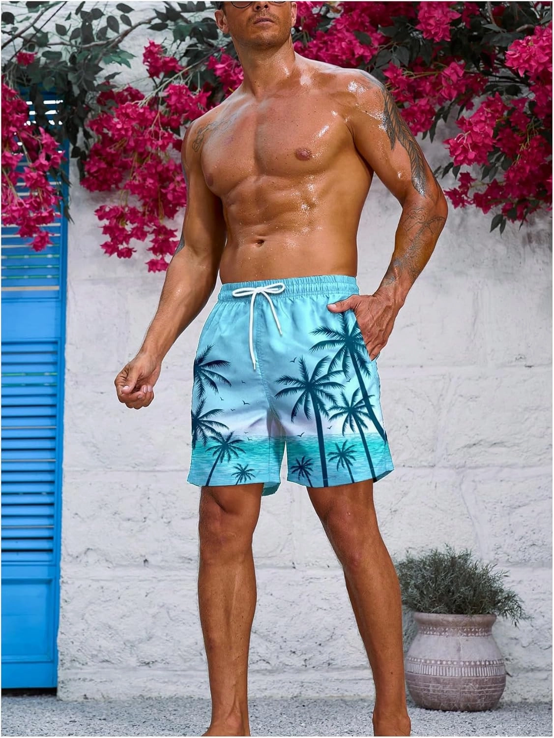 Floerns Men's Tropical Print Drawstring Swim Trunks Wide Leg Quick Dry Board Shorts with Pocket