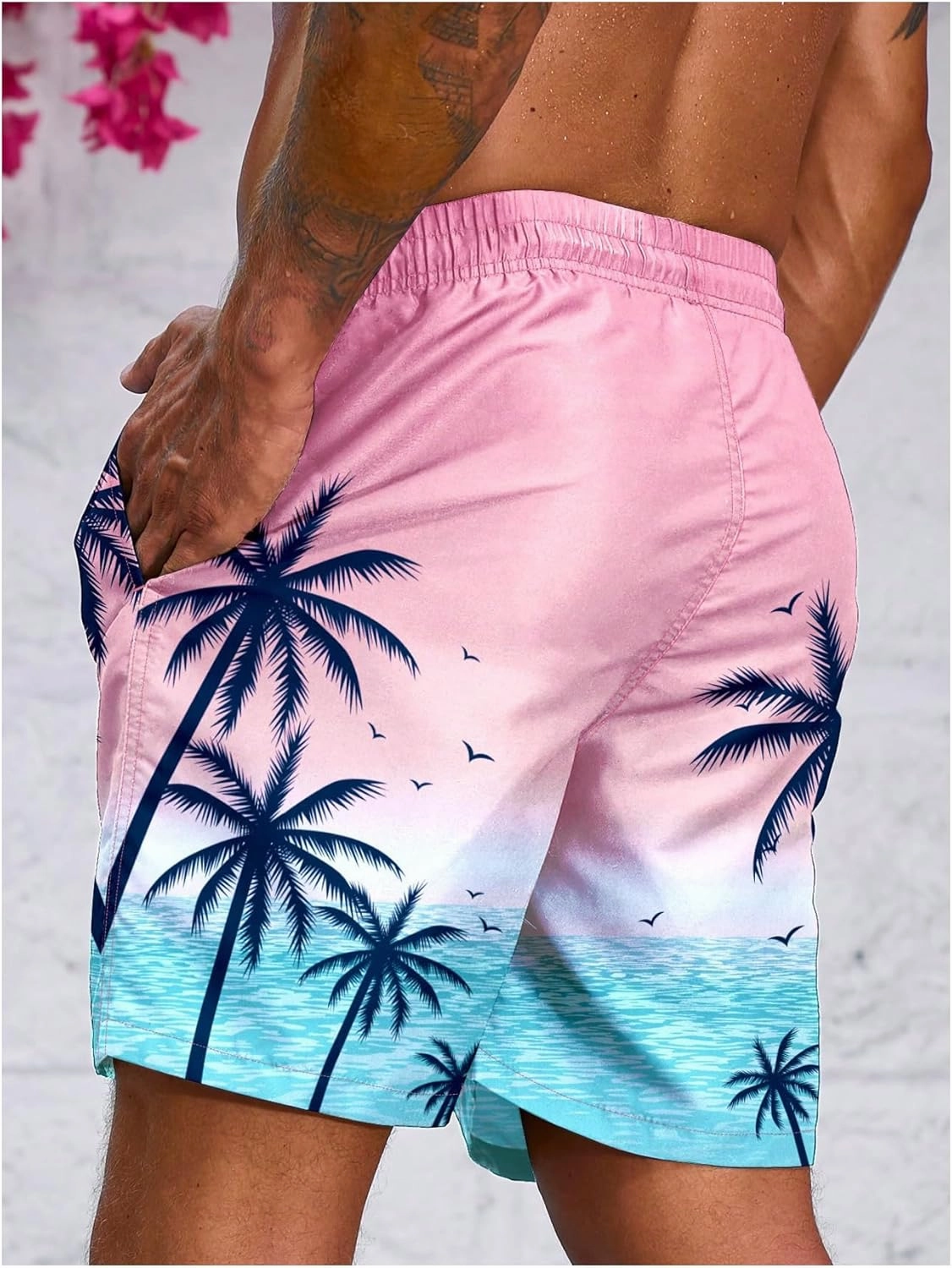 Floerns Men's Tropical Print Drawstring Swim Trunks Wide Leg Quick Dry Board Shorts with Pocket