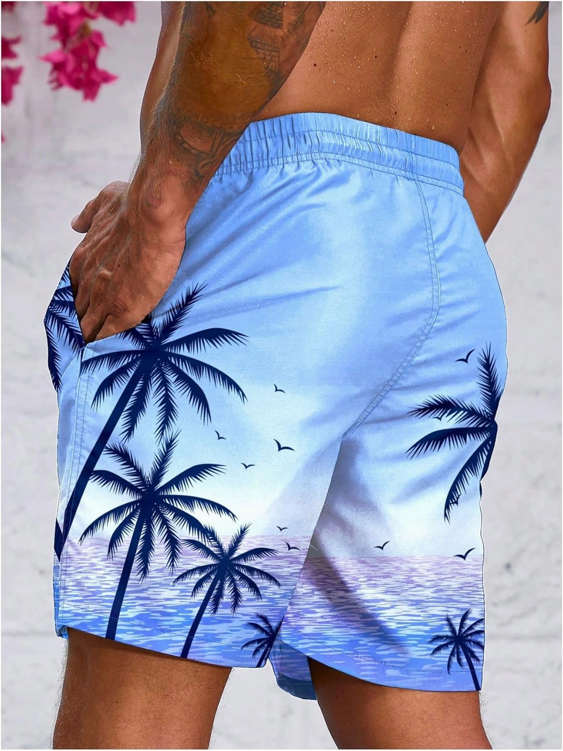 Floerns Men's Tropical Print Drawstring Swim Trunks Wide Leg Quick Dry Board Shorts with Pocket