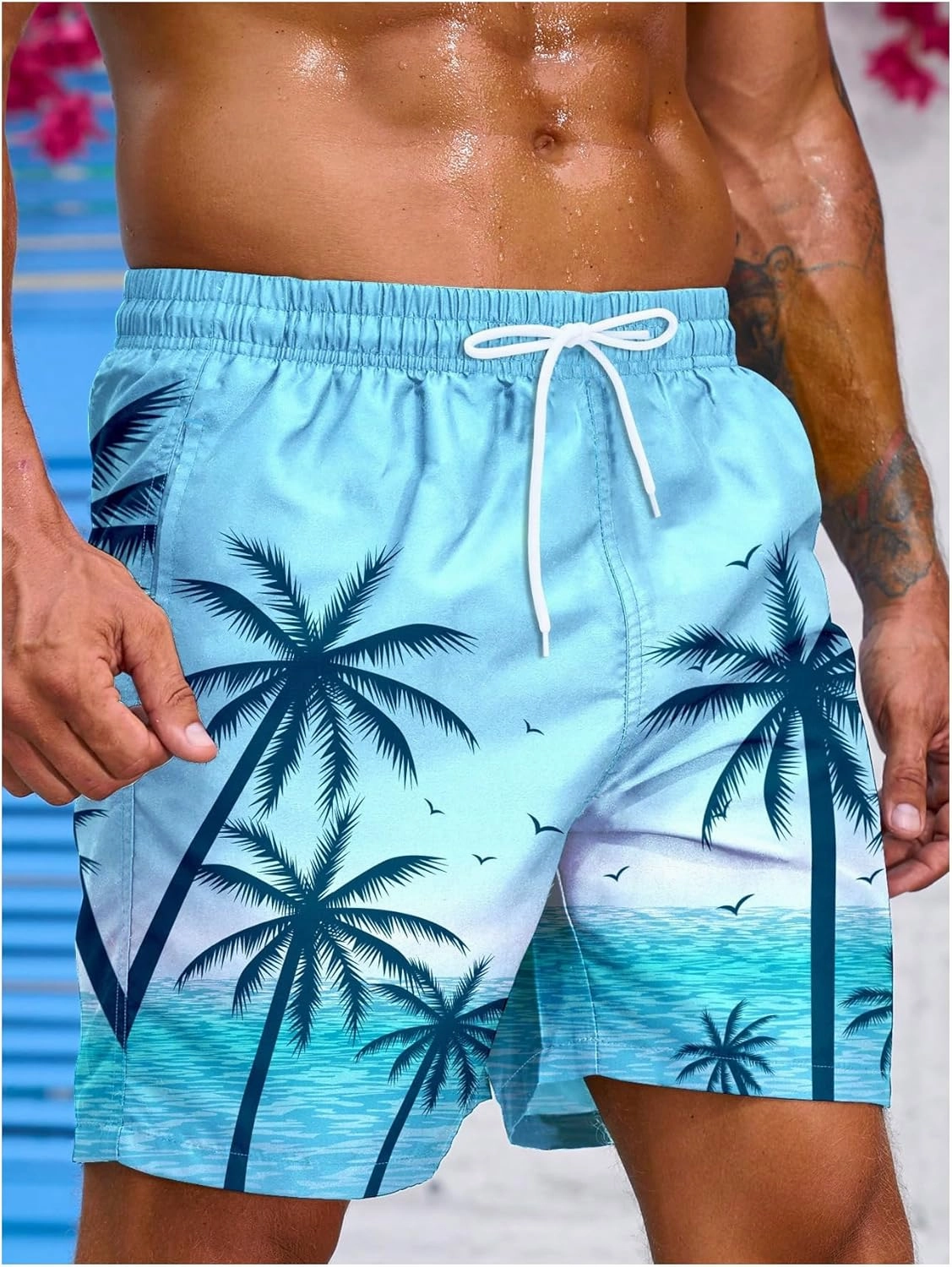 Floerns Men's Tropical Print Drawstring Swim Trunks Wide Leg Quick Dry Board Shorts with Pocket