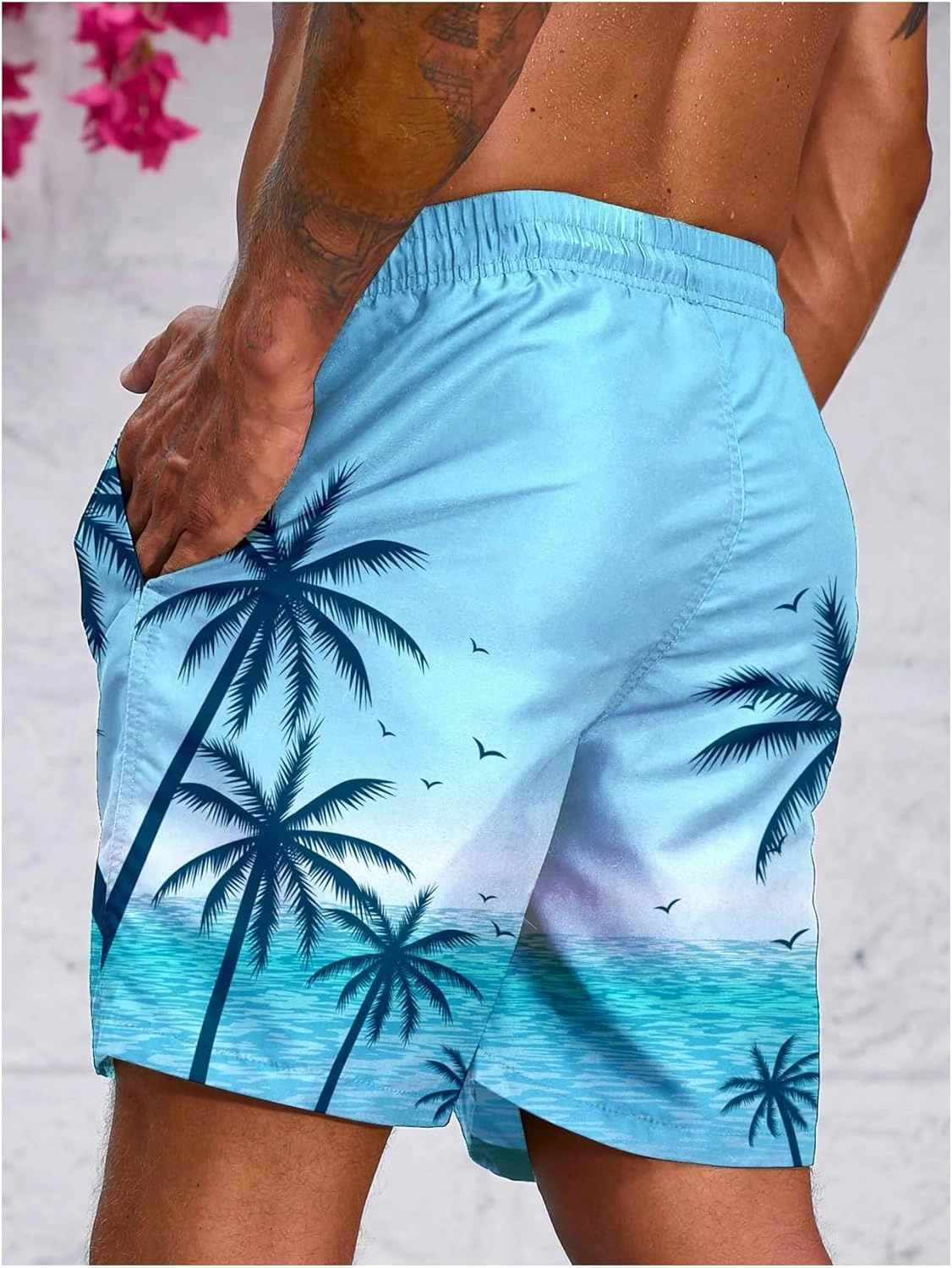 Floerns Men's Tropical Print Drawstring Swim Trunks Wide Leg Quick Dry Board Shorts with Pocket