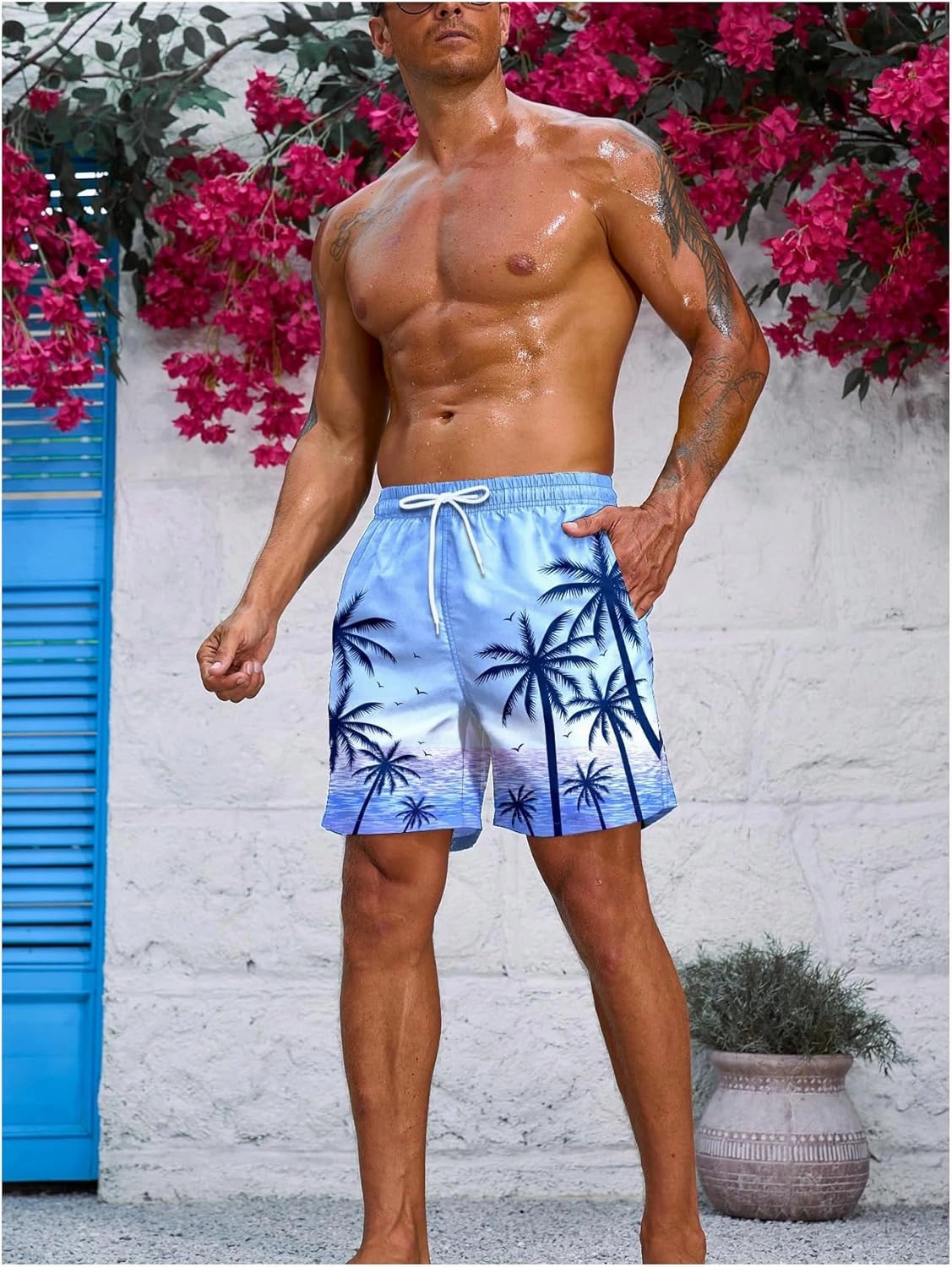 Floerns Men's Tropical Print Drawstring Swim Trunks Wide Leg Quick Dry Board Shorts with Pocket