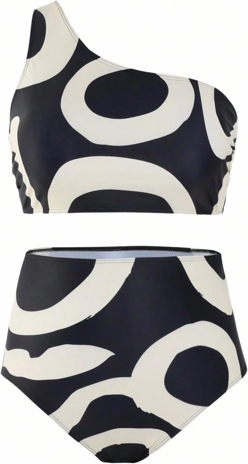 Floerns Women's Plus Size 3 Piece Bathing Suit One Shoulder Bikini Set with Cover Up