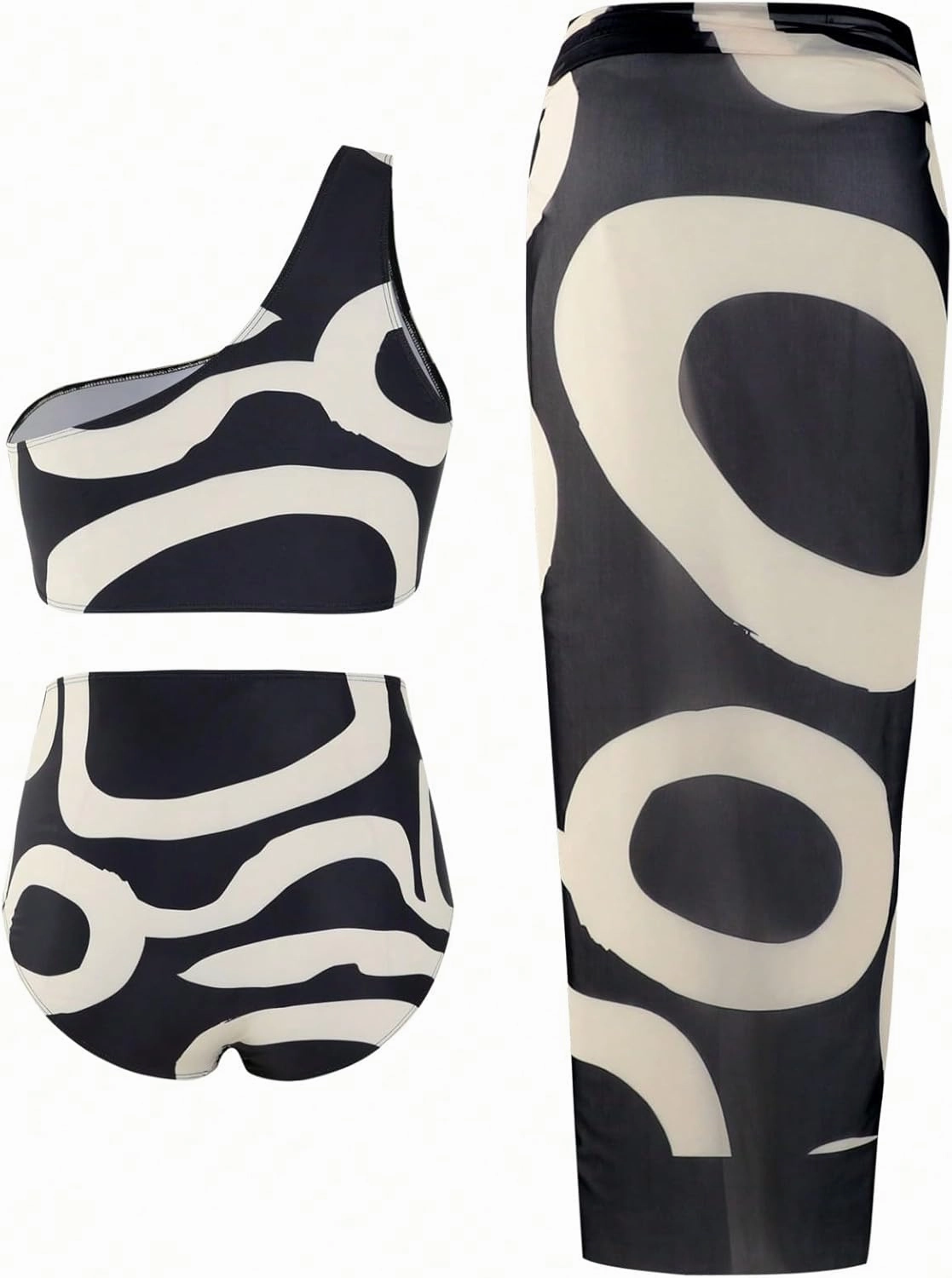 Floerns Women's Plus Size 3 Piece Bathing Suit One Shoulder Bikini Set with Cover Up