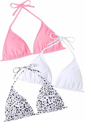 Floerns Women's Plus Size 3 Piece Halter Triangle Swimsuit Bikini Top Set