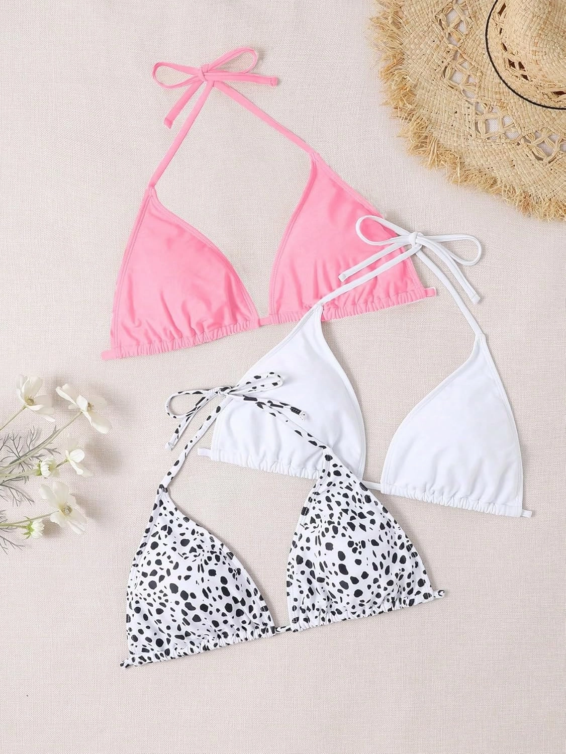 Floerns Women's Plus Size 3 Piece Halter Triangle Swimsuit Bikini Top Set