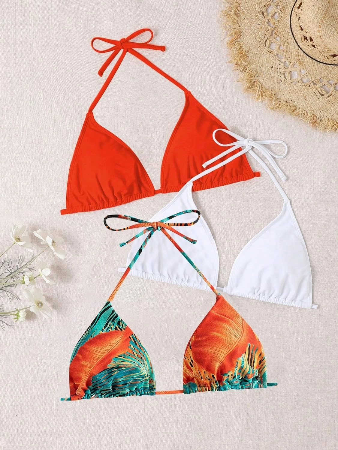 Floerns Women's Plus Size 3 Piece Halter Triangle Swimsuit Bikini Top Set
