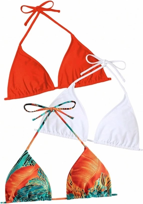 Floerns Women's Plus Size 3 Piece Halter Triangle Swimsuit Bikini Top Set