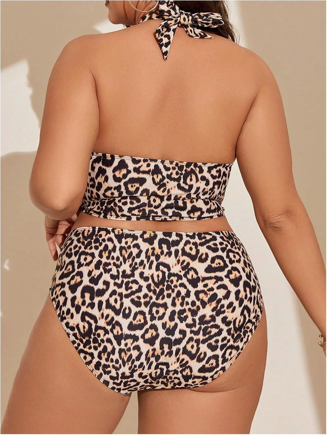 Floerns Women's Plus Size 3 Piece Swimsuit Cheetah Print Halter Bikini Set with Cover Up Skirt