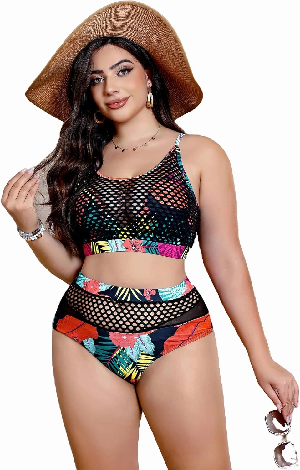 Floerns Women's Plus Size Bathing Suit Fishnet High Waist Bikini Set Rave Outfit