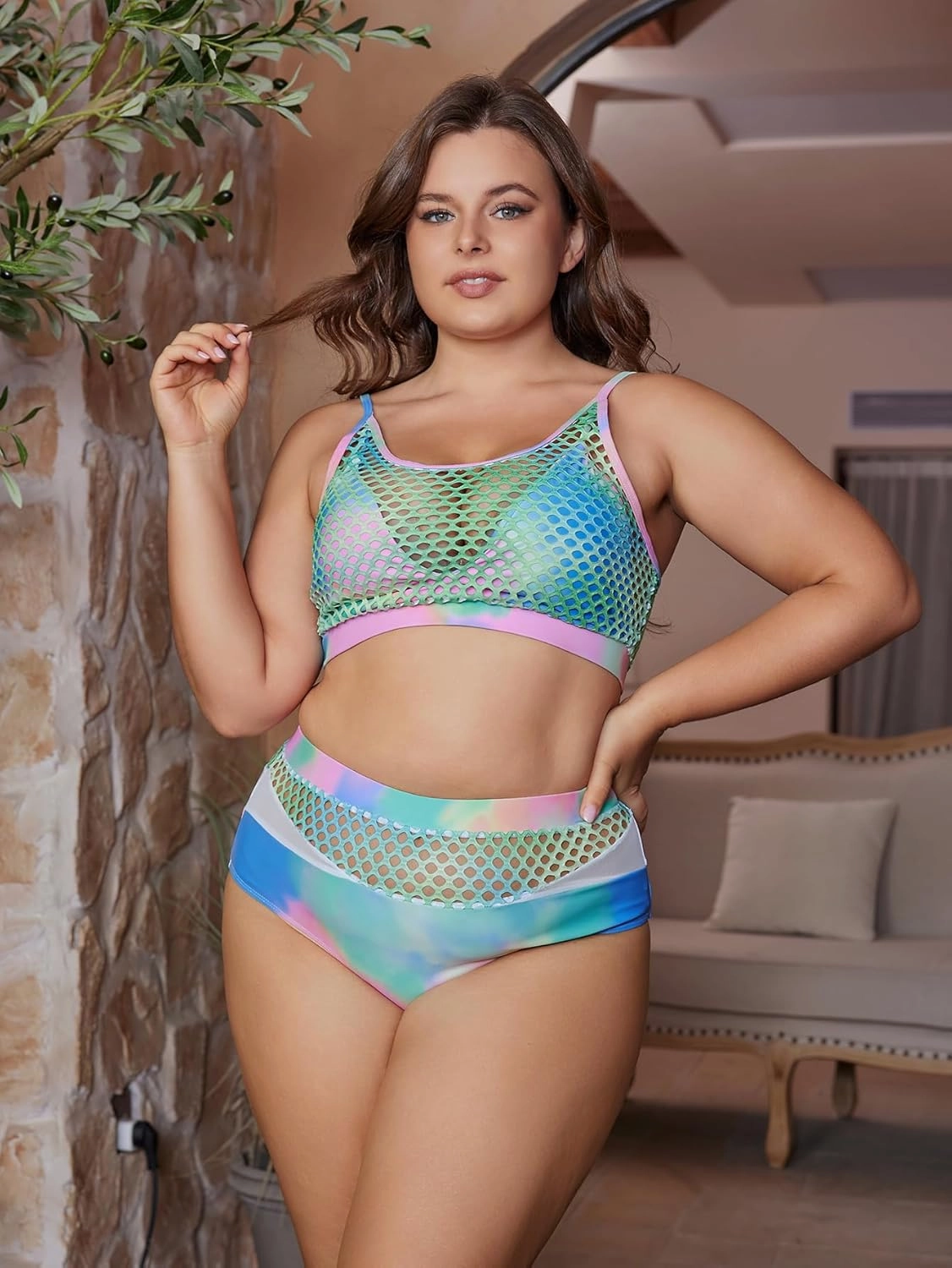 Floerns Women's Plus Size Bathing Suit Fishnet High Waist Bikini Set Rave Outfit