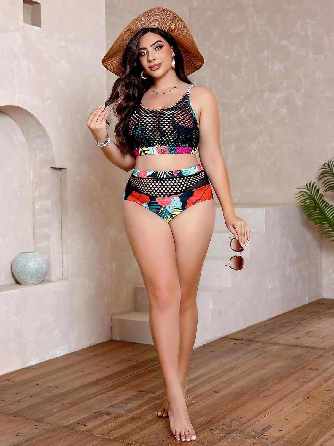 Floerns Women's Plus Size Bathing Suit Fishnet High Waist Bikini Set Rave Outfit