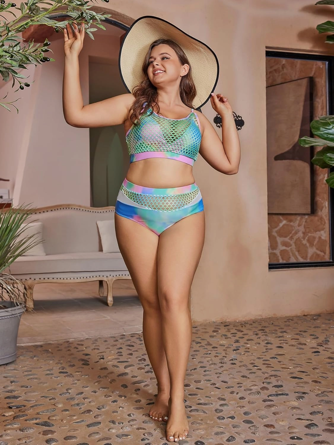 Floerns Women's Plus Size Bathing Suit Fishnet High Waist Bikini Set Rave Outfit