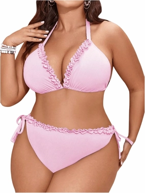 Floerns Women's Plus Size Bikini Set Frill Trim Halter Tie Side High Waisted Bathing Suit