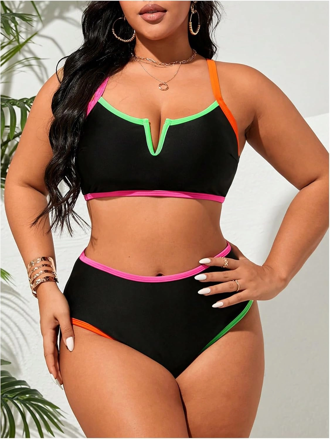 Floerns Women's Plus Size Bikini Set V Wired Contrast Binding High Waist Beachwear