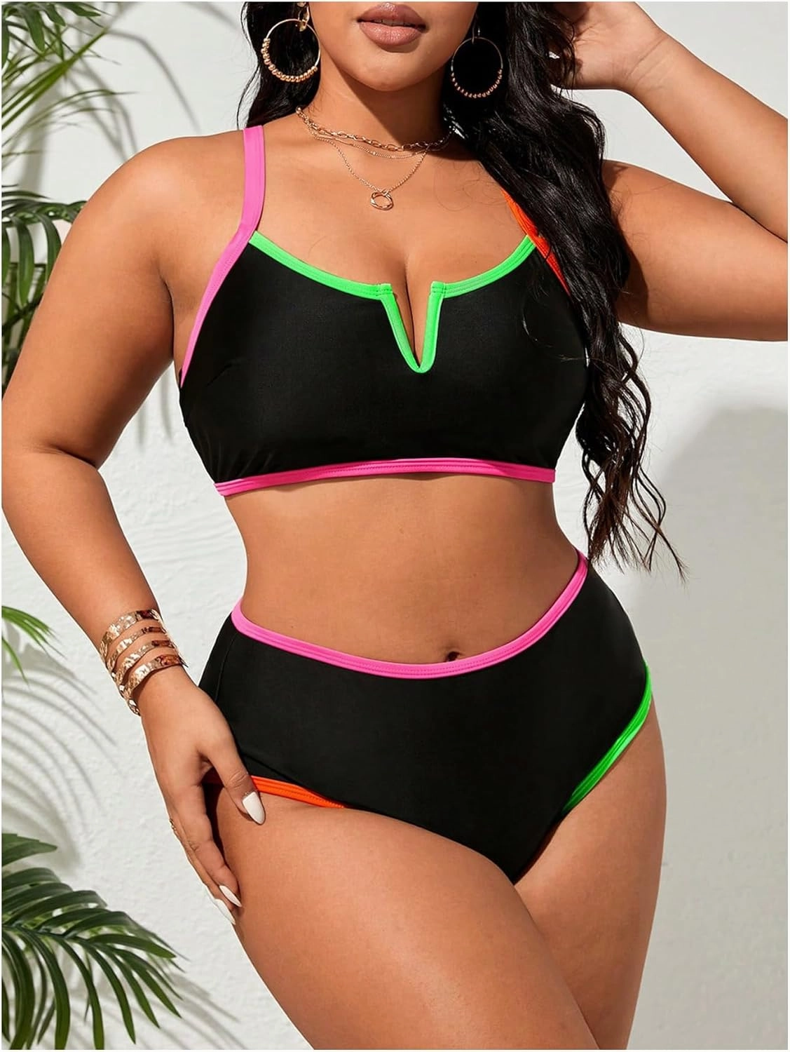 Floerns Women's Plus Size Bikini Set V Wired Contrast Binding High Waist Beachwear