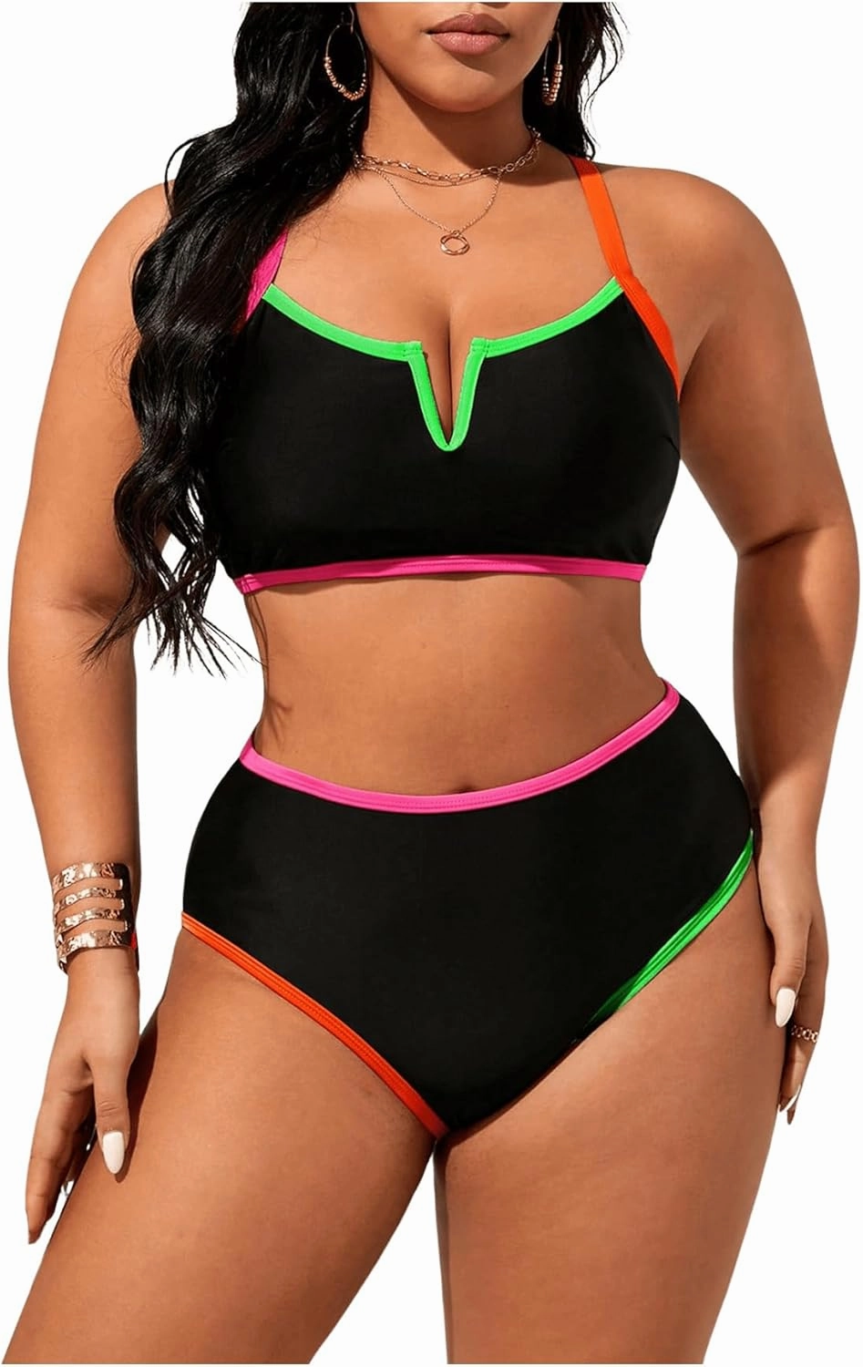 Floerns Women's Plus Size Bikini Set V Wired Contrast Binding High Waist Beachwear