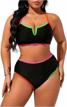 Floerns Women's Plus Size Bikini Set V Wired Contrast Binding High Waist Beachwear