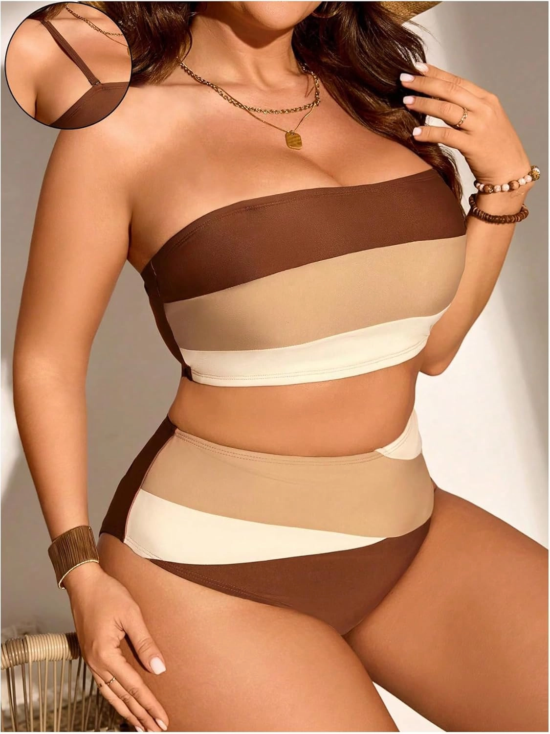 Floerns Women's Plus Size Colorblock Bandeau Bikini Set High Waisted Beachwear