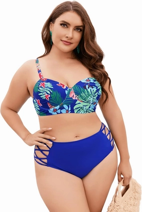 Floerns Women's Plus Size Tie Dye Rib Knit Ruched Drawstring Bikini Swimsuit