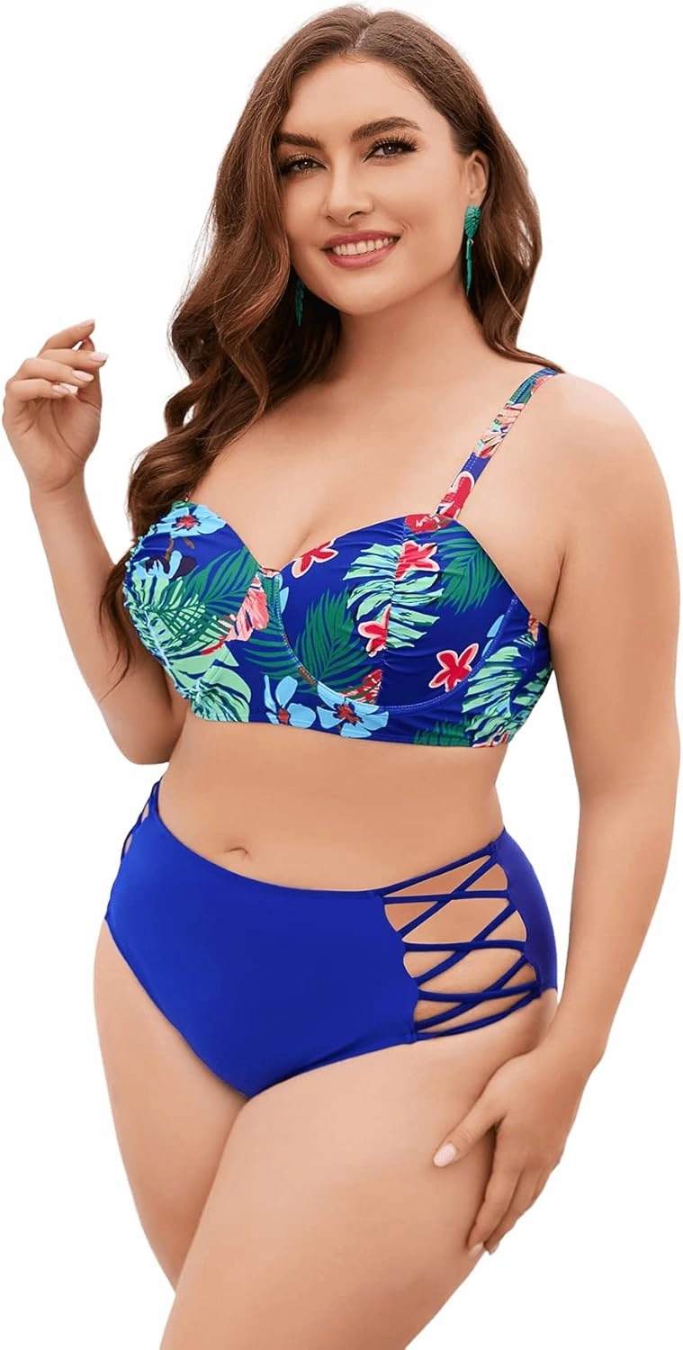 Floerns Women's Plus Size Tie Dye Rib Knit Ruched Drawstring Bikini Swimsuit