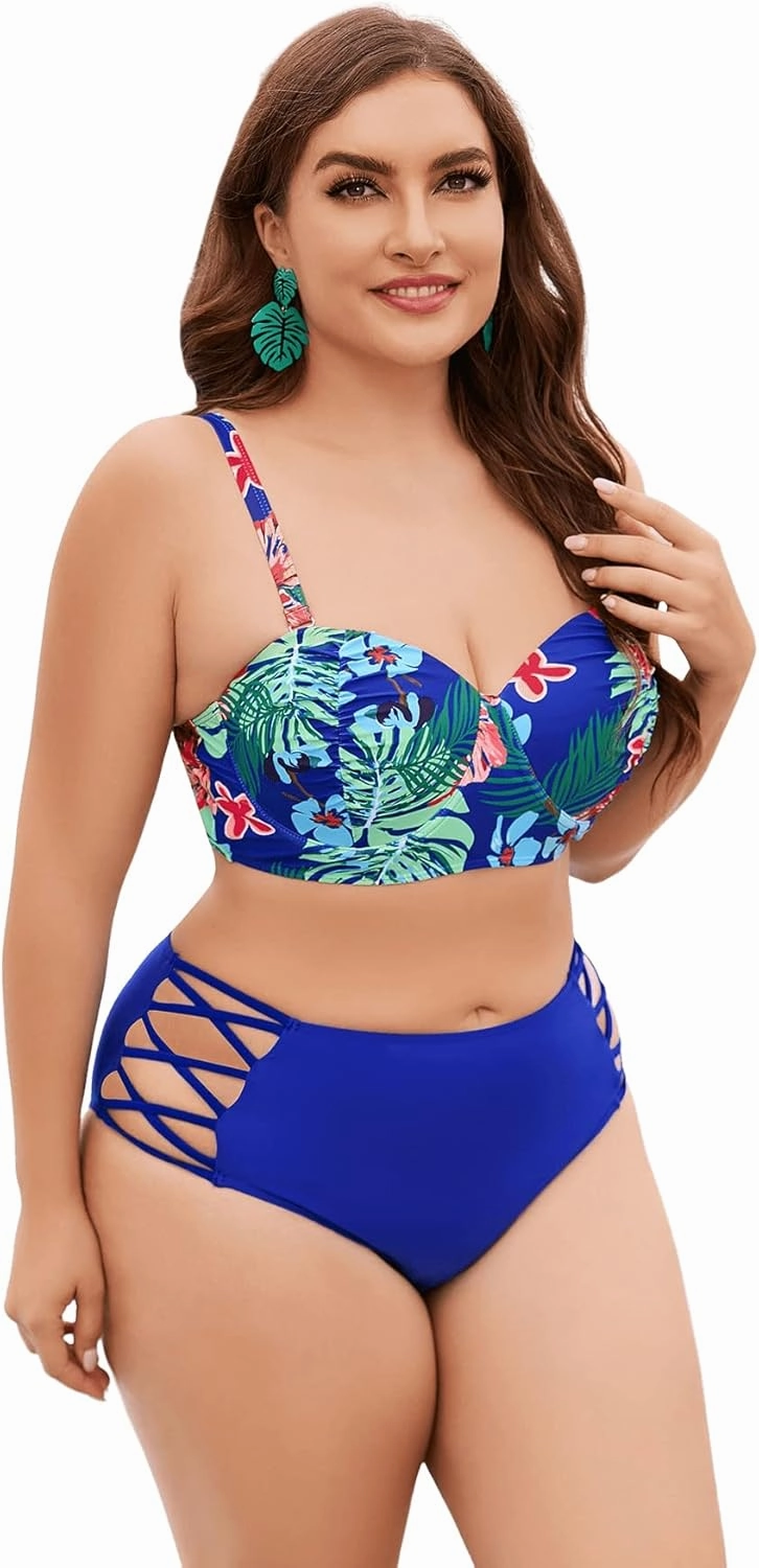 Floerns Women's Plus Size Tie Dye Rib Knit Ruched Drawstring Bikini Swimsuit