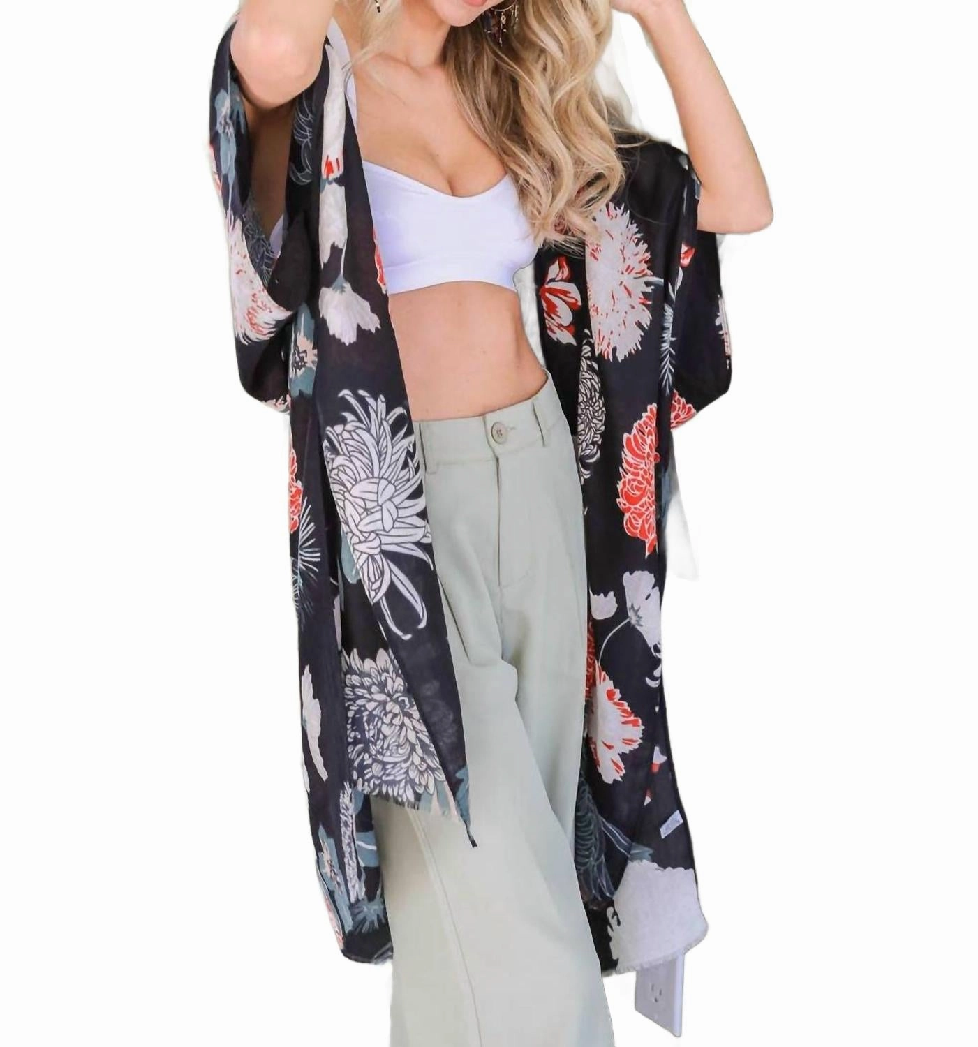 Floral Motif Boho Festival Cover Up Kimono In Black