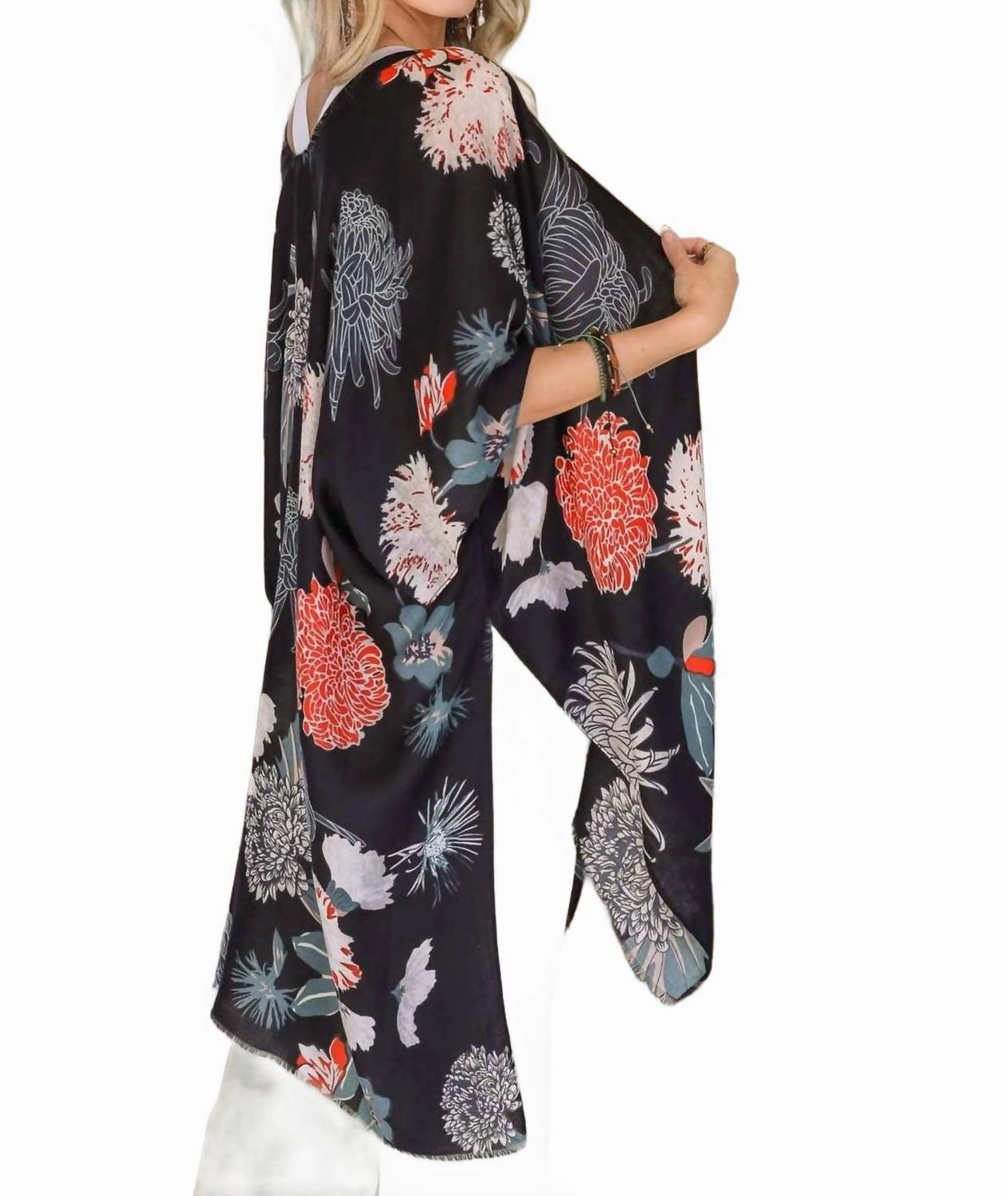 Floral Motif Boho Festival Cover Up Kimono In Black