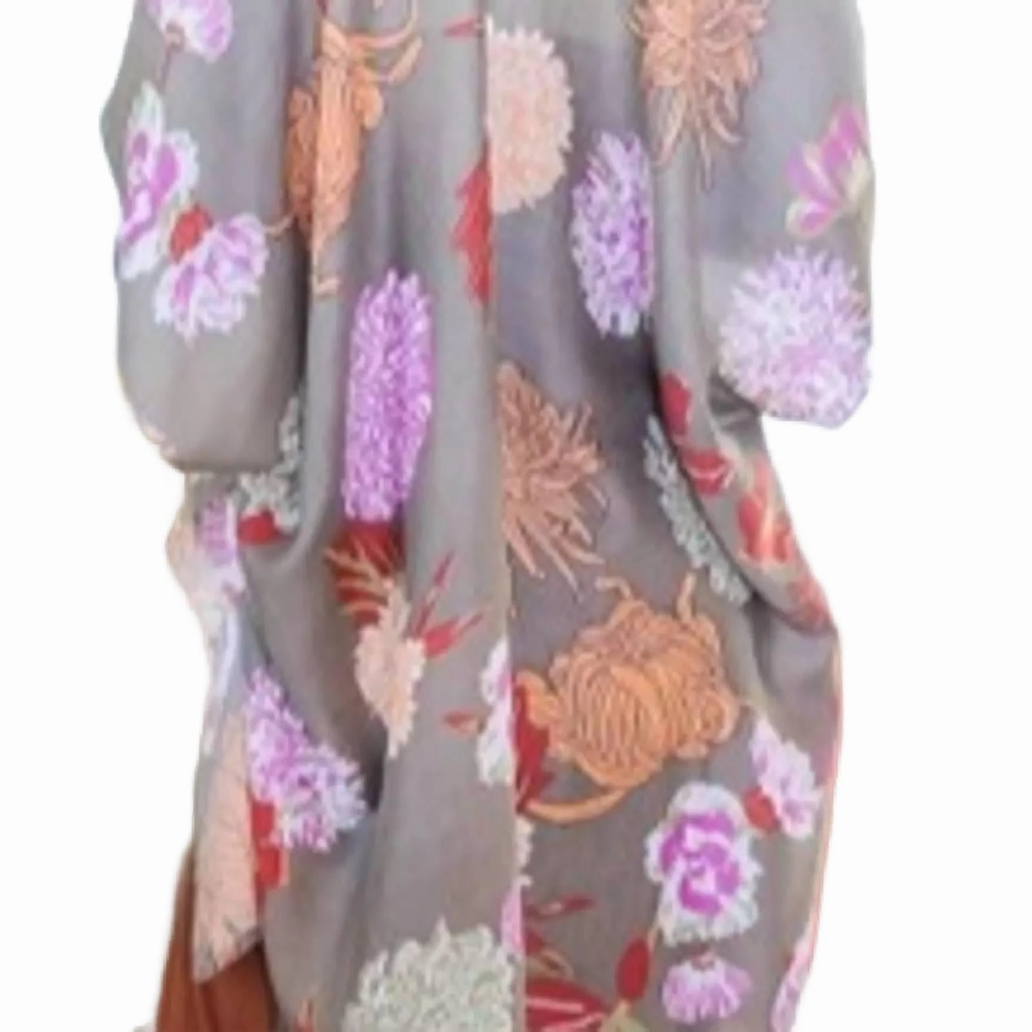 Floral Motif Boho Festival Cover Up Kimono In Taupe