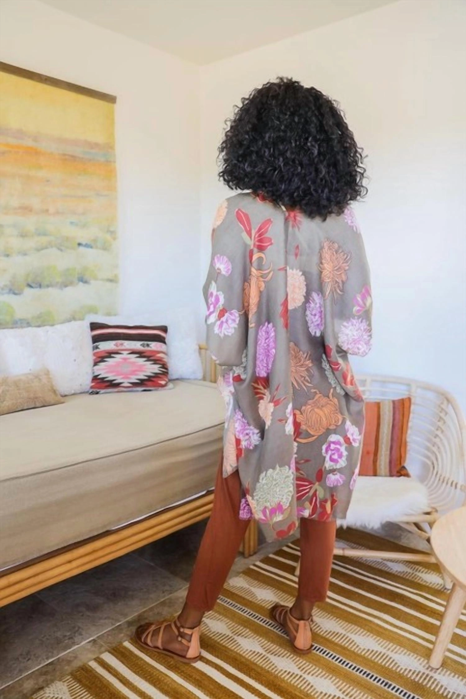 Floral Motif Boho Festival Cover Up Kimono In Taupe
