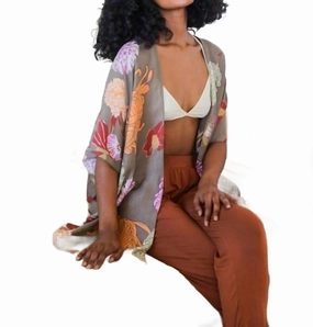 Floral Motif Boho Festival Cover Up Kimono In Taupe