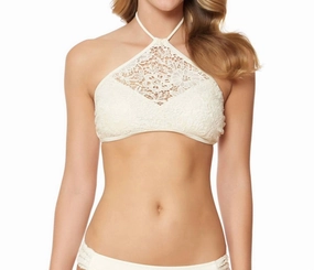 Flower Power Crochet High Neck Halter Bikini Top In Vanilla