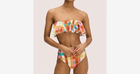 Garden Plaid Ruffle Bandeau Bikini Top In Multi