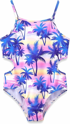 Girls One Piece Leopard Print Swimsuits - Bathing Suit with Adjustable Straps Palm Tree Print Swimwear Size 6X-16