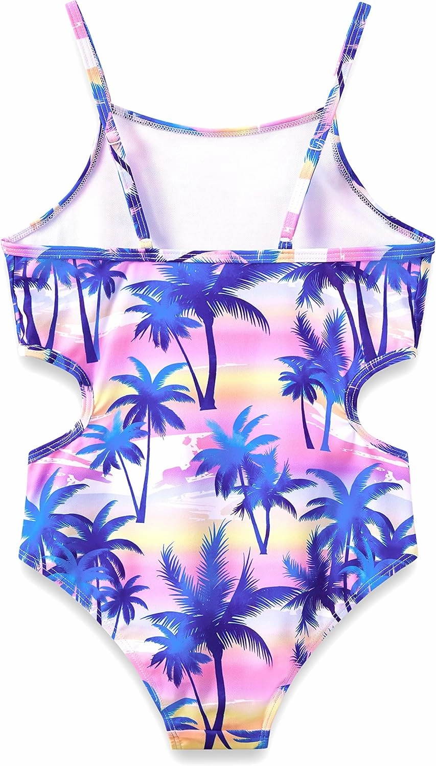 Girls One Piece Leopard Print Swimsuits - Bathing Suit with Adjustable Straps Palm Tree Print Swimwear Size 6X-16