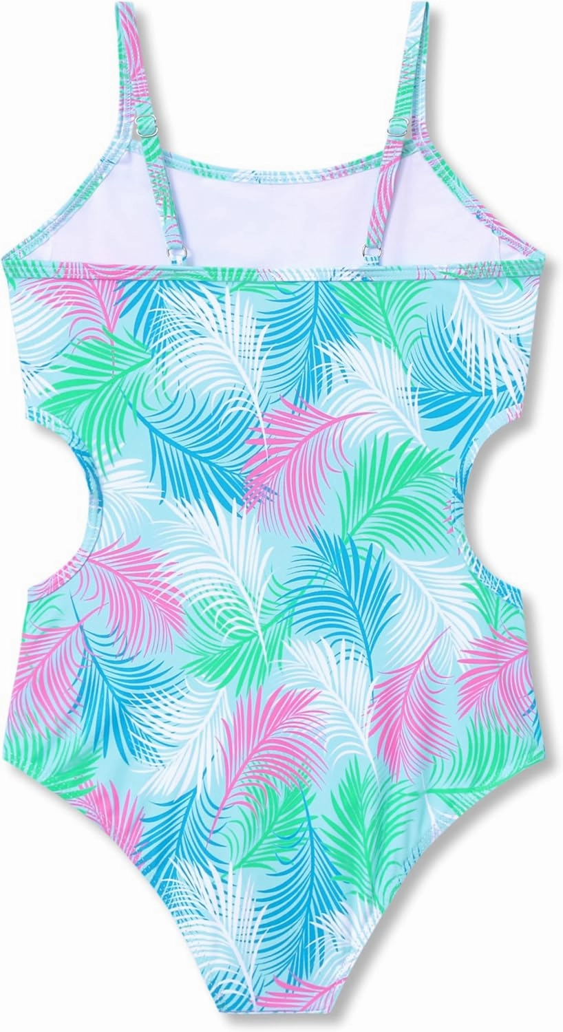 Girls One Piece Leopard Print Swimsuits - Bathing Suit with Adjustable Straps Palm Tree Print Swimwear Size 6X-16