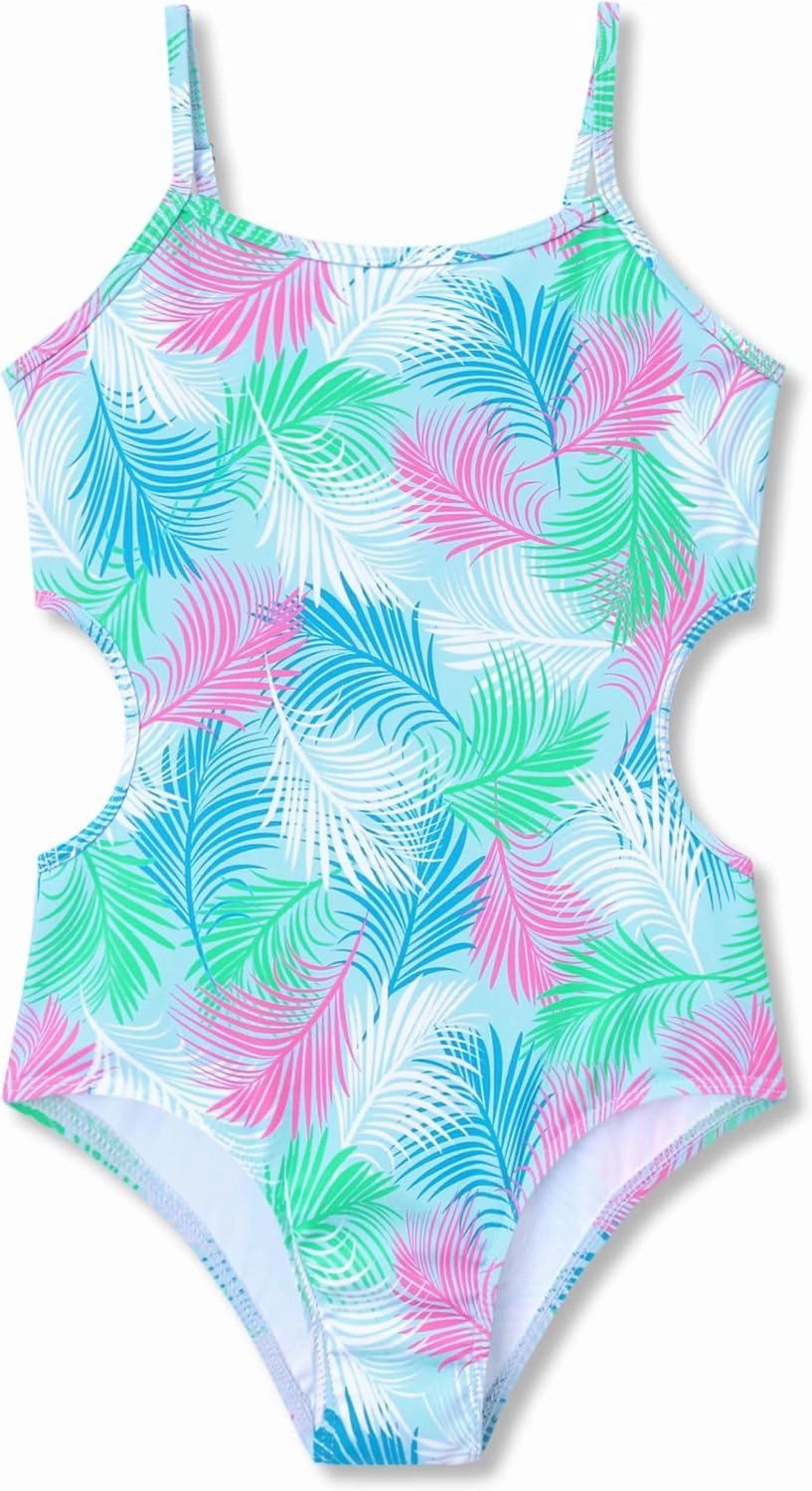 Girls One Piece Leopard Print Swimsuits - Bathing Suit with Adjustable Straps Palm Tree Print Swimwear Size 6X-16