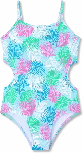 Girls One Piece Leopard Print Swimsuits - Bathing Suit with Adjustable Straps Palm Tree Print Swimwear Size 6X-16