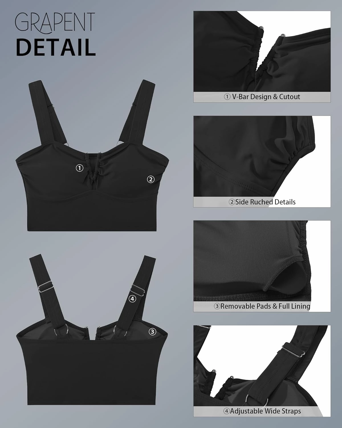 GRAPENT Bikini Tops for Women Cropped Tankini Tops Beach V Bar Padded Ruched Adjustable Strap Swimsuit Swim Top Only