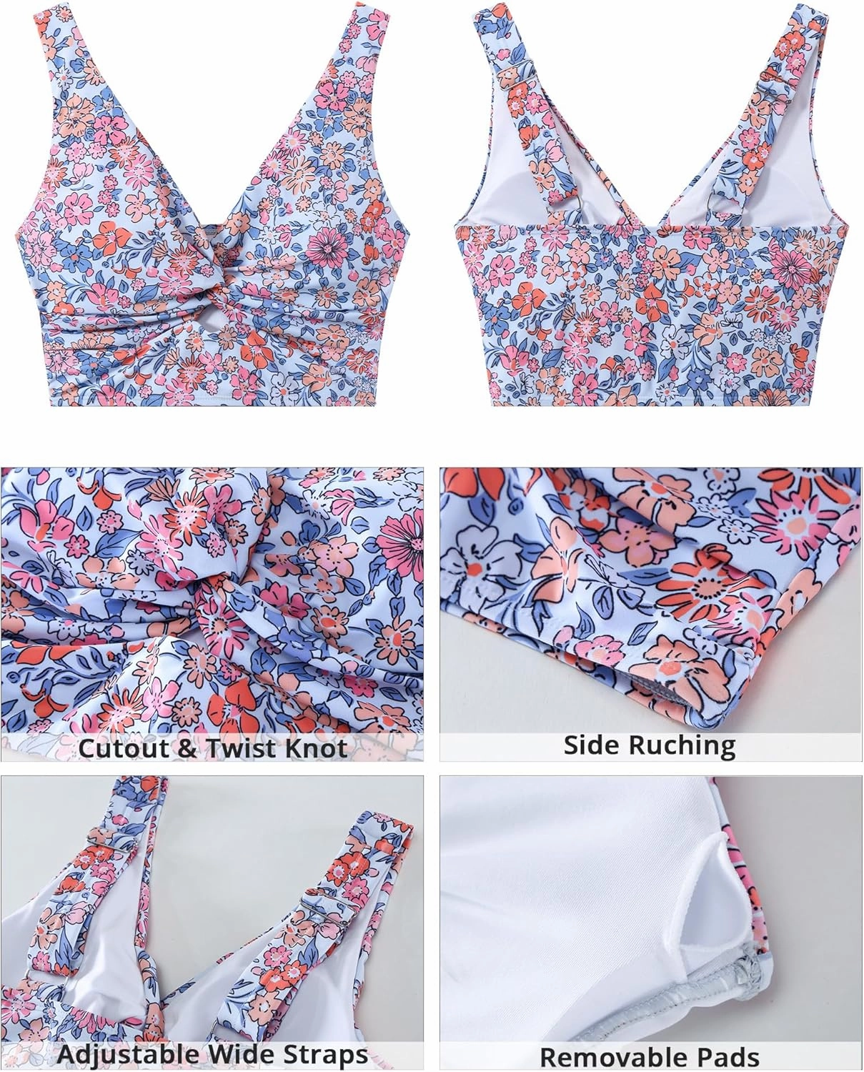 GRAPENT Bikini Tops for Women Cropped Tankini Tops Floral Printed Beach Padded Knot Twist Cut Out Bathing Suit Top Only