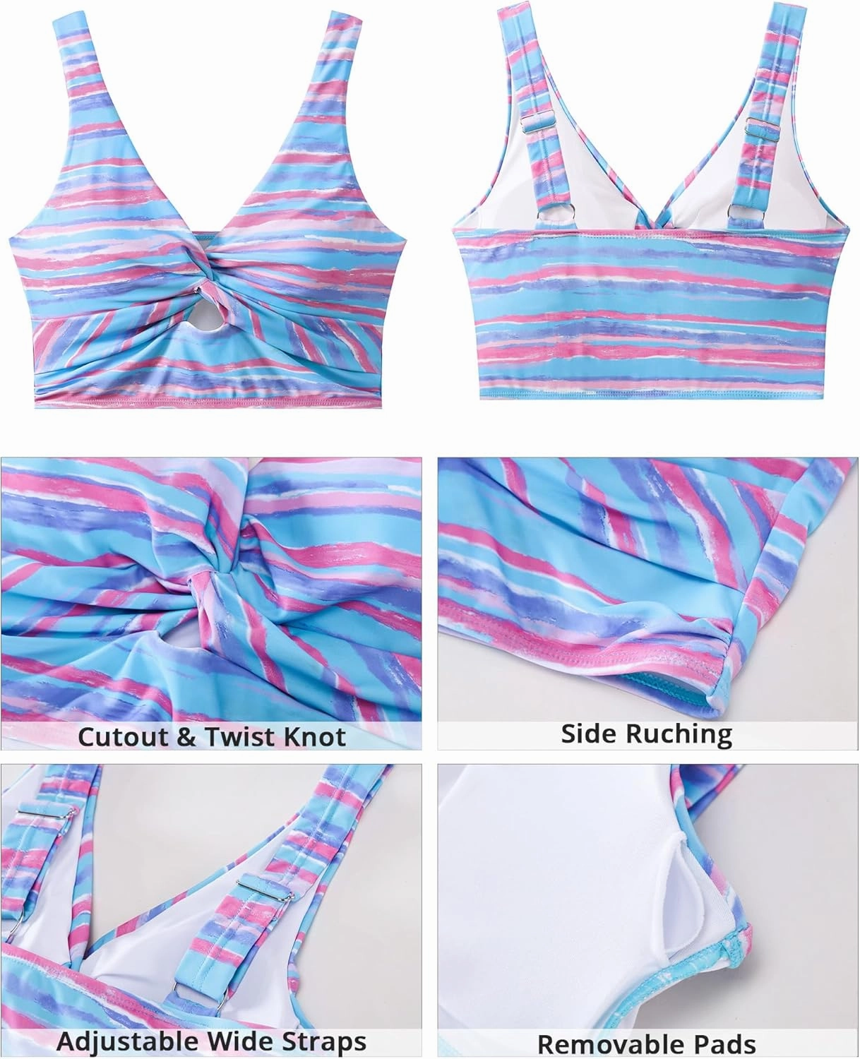 GRAPENT Bikini Tops for Women Cropped Tankini Tops Floral Printed Beach Padded Knot Twist Cut Out Bathing Suit Top Only