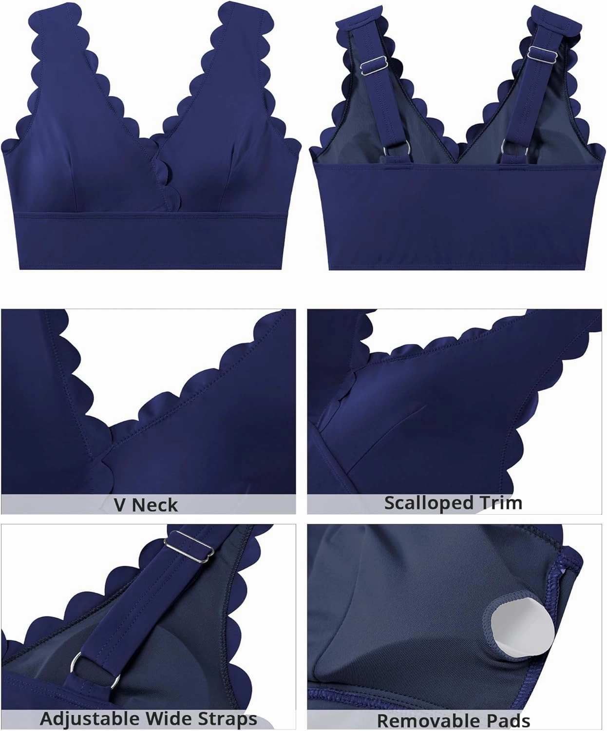 GRAPENT Bikini Tops for Women Scalloped Bathing Suit Beach Padded Adjustable Cropped Tankini Swimwear Swim Top Only